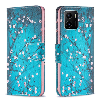 Blue cherry blossom print leather flip phone case for vivo Y15s with magnetic closure