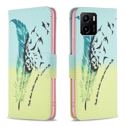 Feather and bird silhouette print leather flip phone case for vivo Y15s with magnetic strap