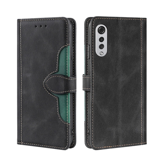 Black leather folio phone case with magnetic strap and green inner panel, stitched edges