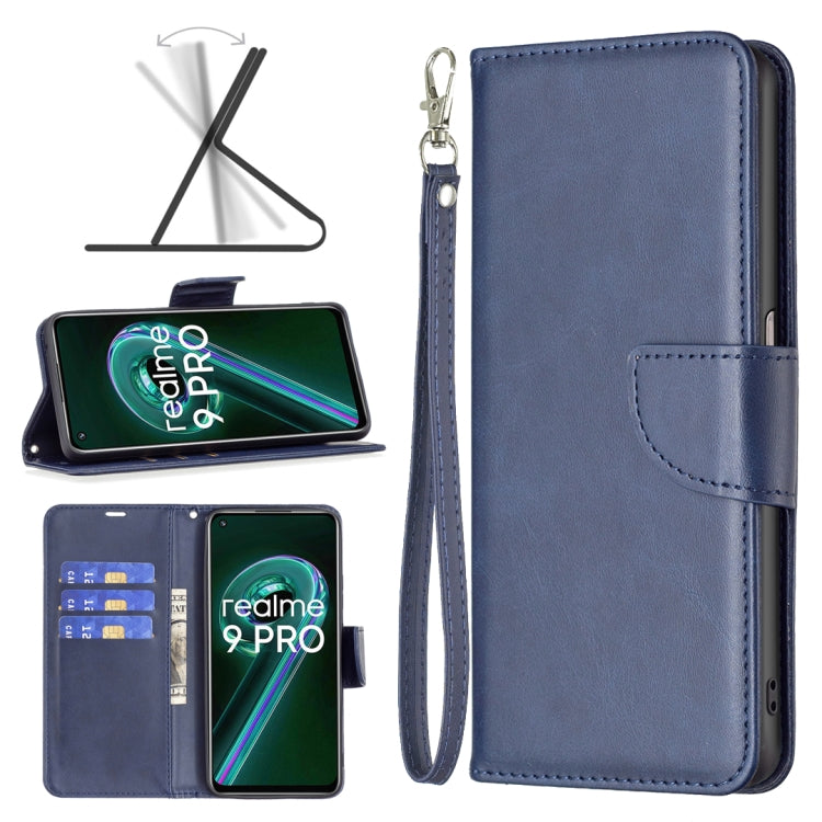 Blue leather phone case with wrist strap and front card pocket, side cutouts