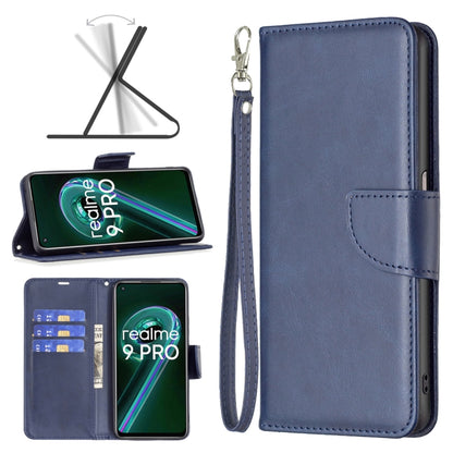 Blue leather phone case with wrist strap and front card pocket, side cutouts