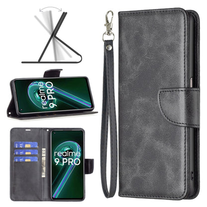 Dark leather wallet phone case with flip cover, wrist strap, and card slots