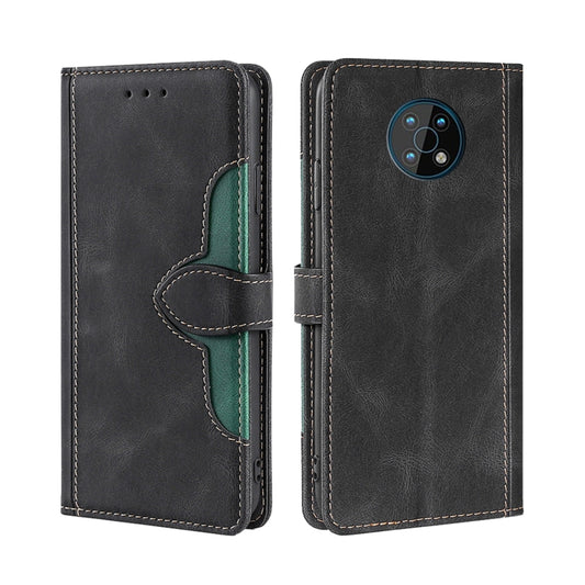 Black leather folio phone case with magnetic buckle, teal inner panel, stitched edges.