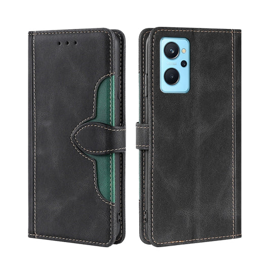 Black leather wallet phone case with magnetic buckle, green inner panel, and camera cutout