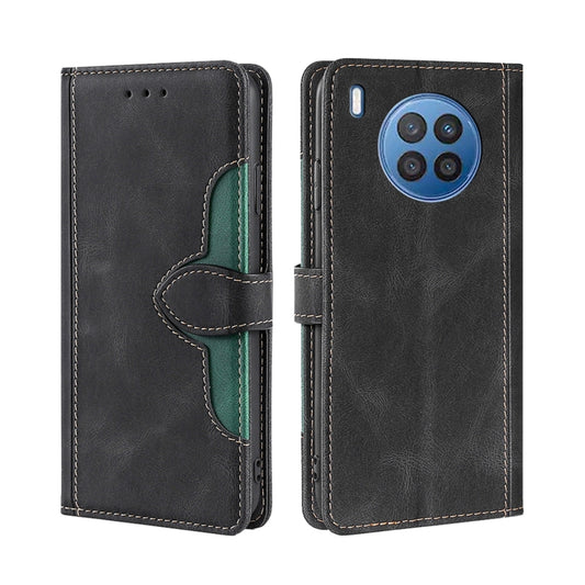 Black leather phone case with magnetic buckle, flip cover, green accent stitching, card slots
