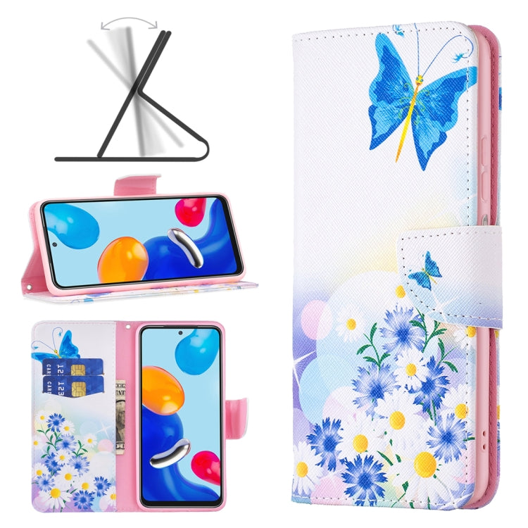 Flip leather phone case for Redmi Note 11 with blue butterfly and wildflower print