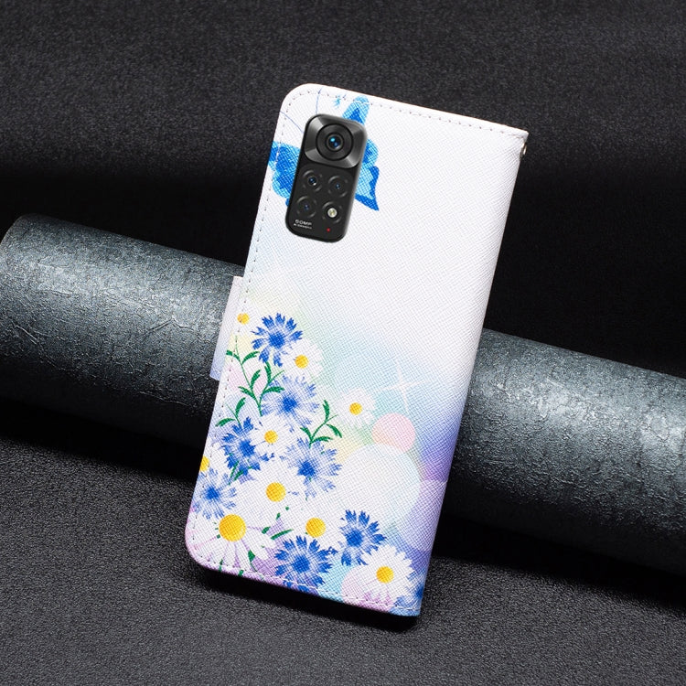 Leather wallet phone case for Redmi Note 11 with blue wildflowers and butterfly, camera cutout