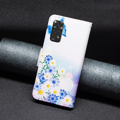 Leather wallet phone case for Redmi Note 11 with blue wildflowers and butterfly, camera cutout