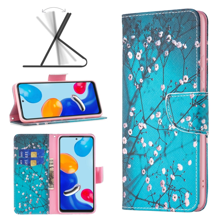 Leather wallet phone case for Redmi Note 11 with teal branches and pink blossom print