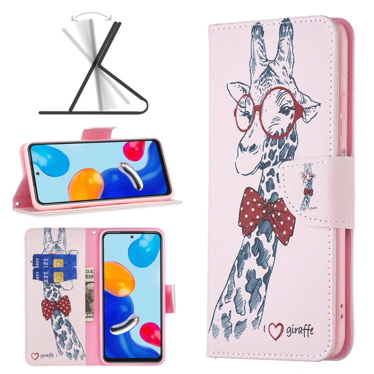 Leather wallet phone case for Redmi Note 11 with giraffe illustration and bow, camera cutout