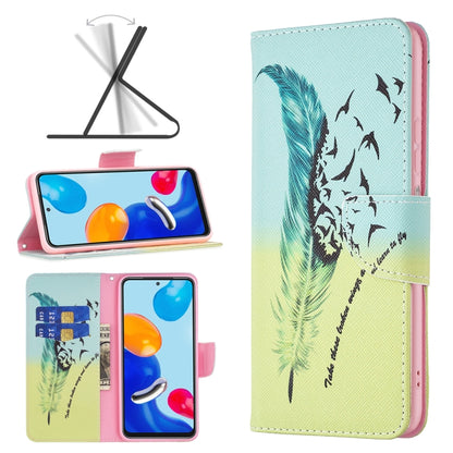 Feather and bird silhouette leather phone case with folio stand in mint, green, and pink