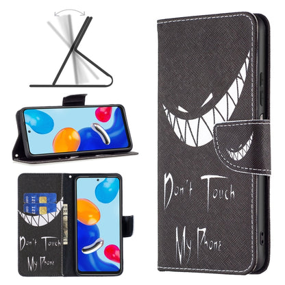 Dark leather folio phone case with illustrated feathers and “Don’t Touch” text