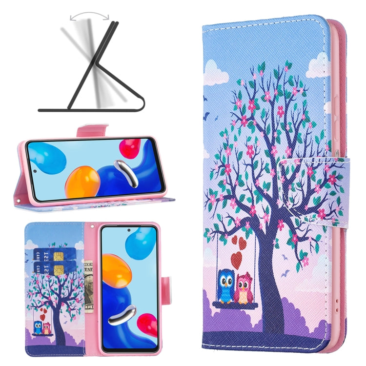 Faux leather phone case with owl and tree floral print; flip cover with card pocket