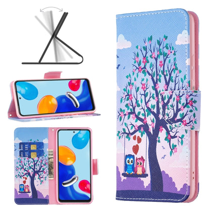 Faux leather phone case with owl and tree floral print; flip cover with card pocket