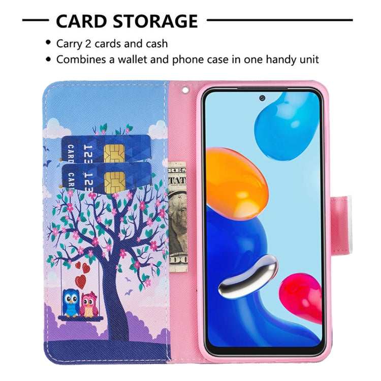 Faux leather phone case with card storage; tree and owl floral print; wallet-style cover