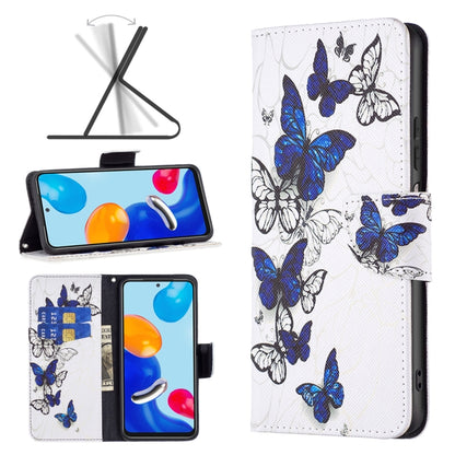 Wallet-style leather phone case in white with blue butterfly line art and floral vines