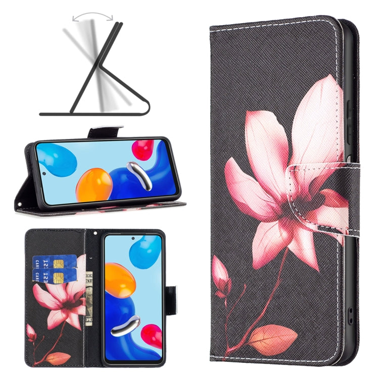 Dark faux leather phone case with pink flower print; flip cover with camera cutout