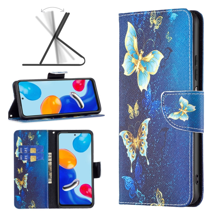 Blue phone case with golden butterflies print; flip cover with card pocket and camera cutout