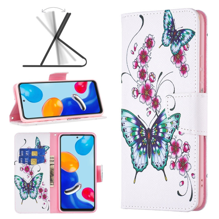 Wallet-style leather phone case in white with pink edging, flowers and green-blue butterflies