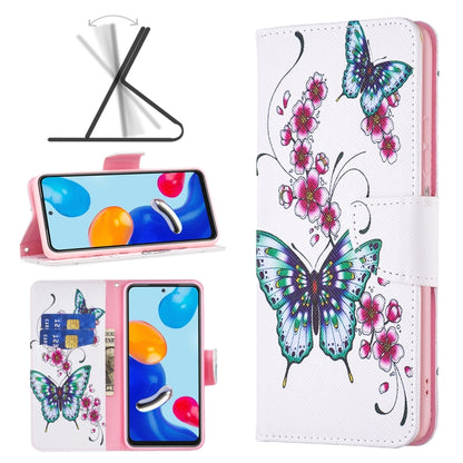 Wallet-style leather phone case in white with pink edging, flowers and green-blue butterflies