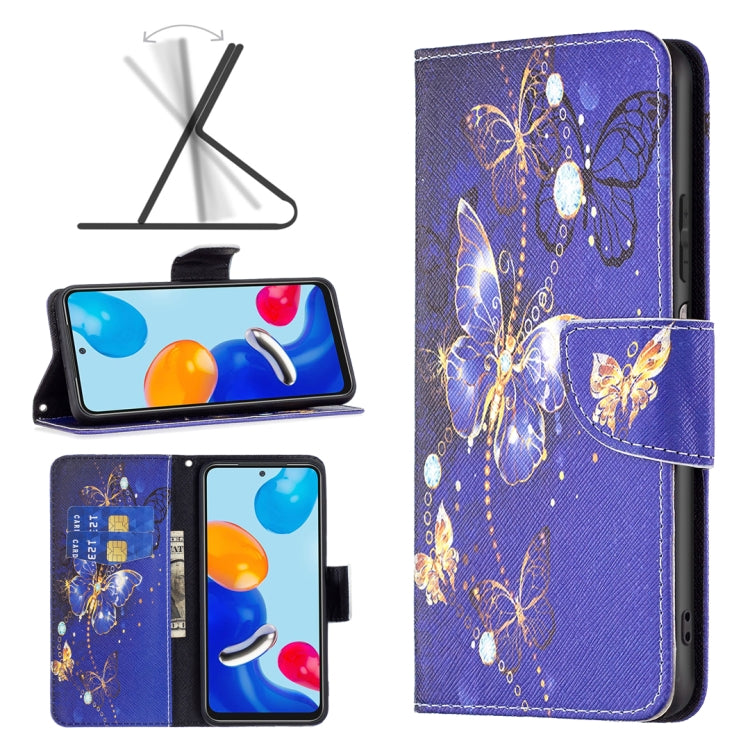 Wallet-style leather phone case in deep purple with gold butterflies and dot accents