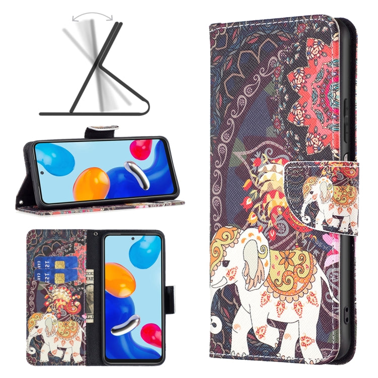 Wallet-style leather phone case with red and dark floral print and white elephant illustration