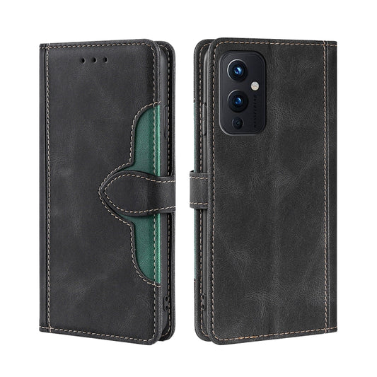 Black leather magnetic buckle folio phone case with green card holder and stitching