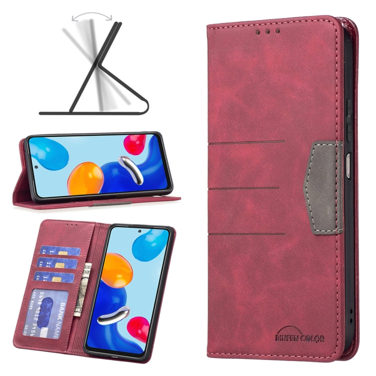 Red leather folio phone case with side card pocket, magnetic closure, and flip-stand view