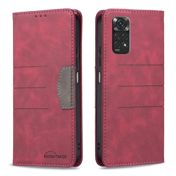 Red leather folio phone case with card slot patch and stitched edges, front and back view