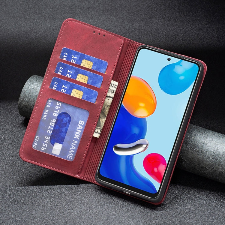 Red leather folio phone case with card holder slots and magnetic closure, phone inserted