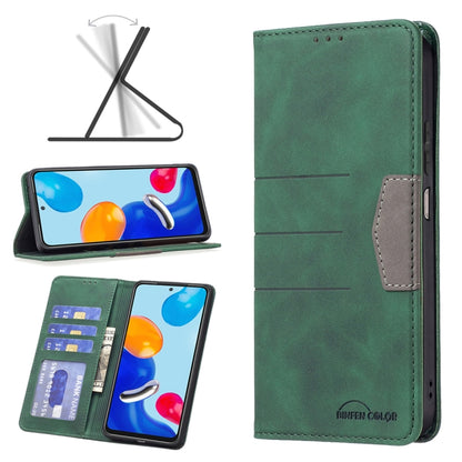 Green leather folio phone case with side card pocket, magnetic closure, and flip-stand view