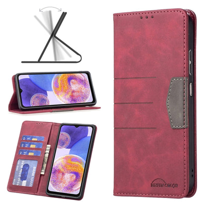 Red leather folio phone case with side card pocket and flip cover, front and back view