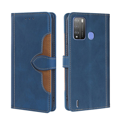 Blue leather-look folio phone case with magnetic strap and contrast stitching