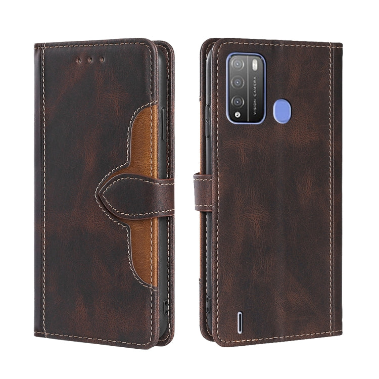 Brown leather-look folio phone case with magnetic strap and stitched edges