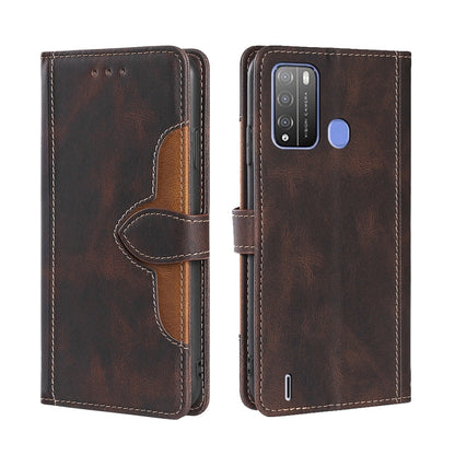 Brown leather-look folio phone case with magnetic strap and stitched edges