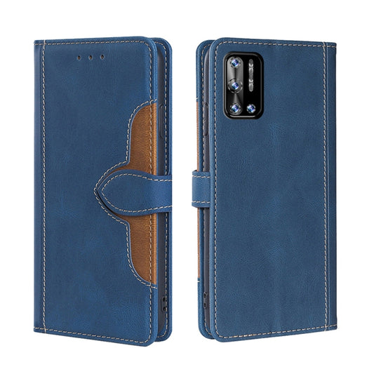 Blue leather flip phone case with magnetic buckle and brown inner panel, double-view