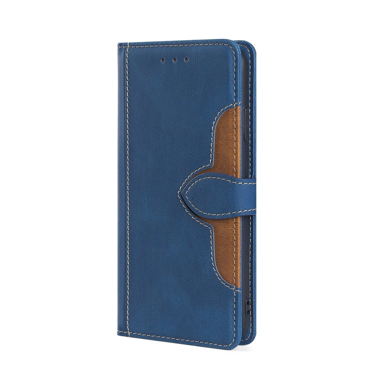 Blue leather flip phone case with magnetic buckle and brown accent inner panel