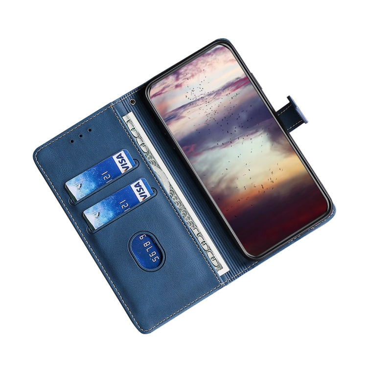 Blue leather flip phone case with card slots and magnetic buckle, open front