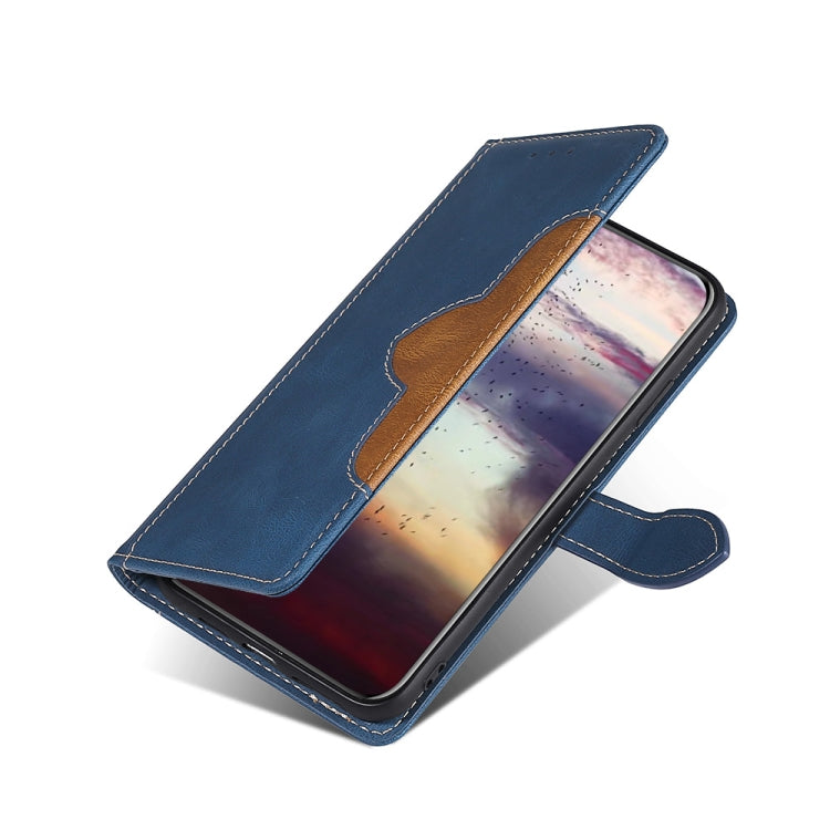 Blue leather wallet phone case with magnetic buckle and cover kickstand, angled view