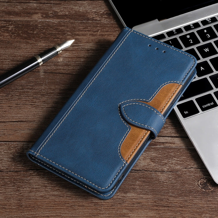 Blue leather flip phone case with magnetic buckle, visible stitching and brown inner panel
