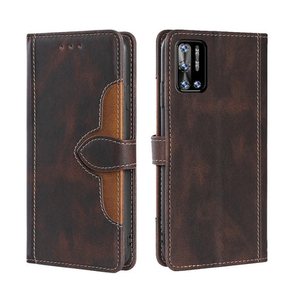 Brown leather flip phone case with magnetic buckle and stitched inner panel, double-view