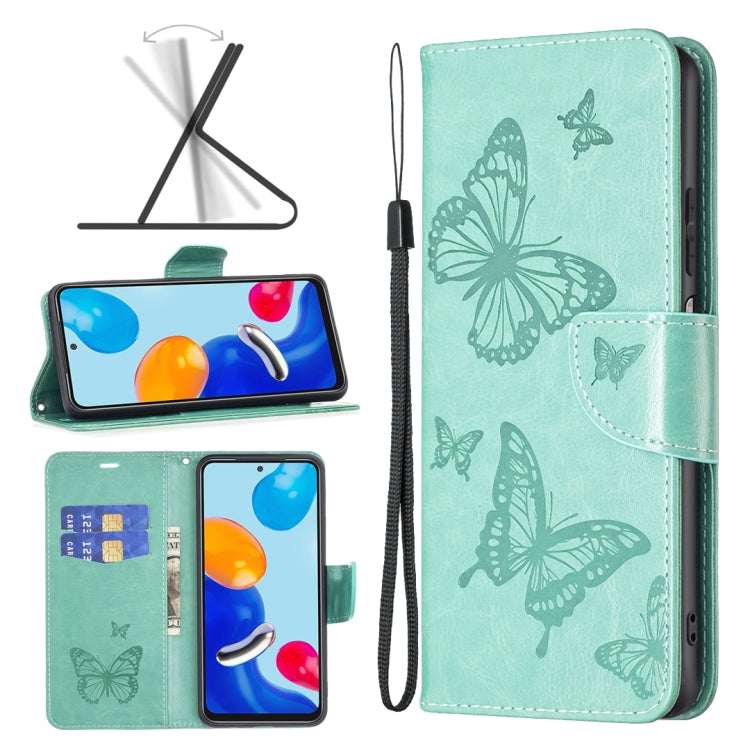 Green embossed leather-style phone case with butterfly pattern, flip cover, wrist strap