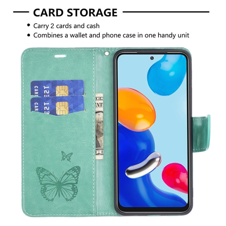 Mint green flip phone case with 2 card slots, butterfly pattern, and wrist strap