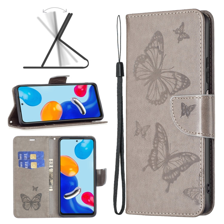 Two-butterfly embossed leather phone case with flip cover, card slot and wrist strap, taupe