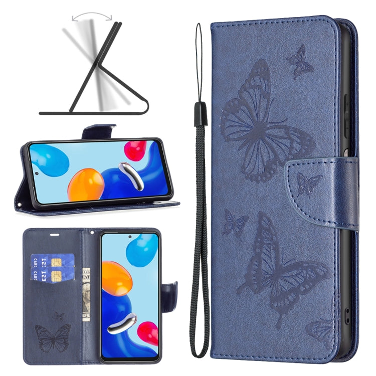 Two-butterfly embossed leather phone case with flip cover, card slot and wrist strap, blue