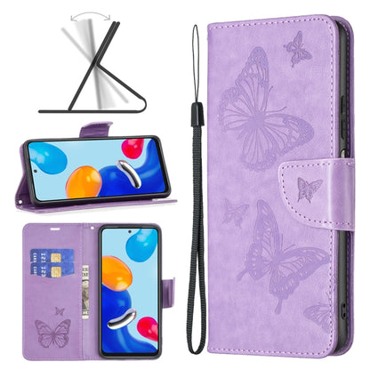 Two-butterfly embossed leather phone case with flip cover, card slot and wrist strap, purple