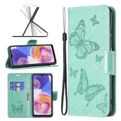 Green embossed leather-style phone case with butterfly pattern, flip cover, wrist strap