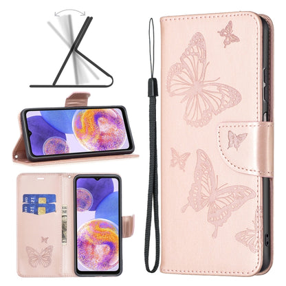 Rose pink embossed leather-style phone case with butterfly design and flip cover