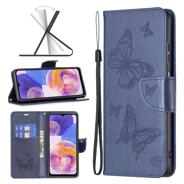 Two-butterfly embossed leather phone case with flip cover and wrist strap, blue