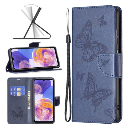 Two-butterfly embossed leather phone case with flip cover and wrist strap, blue